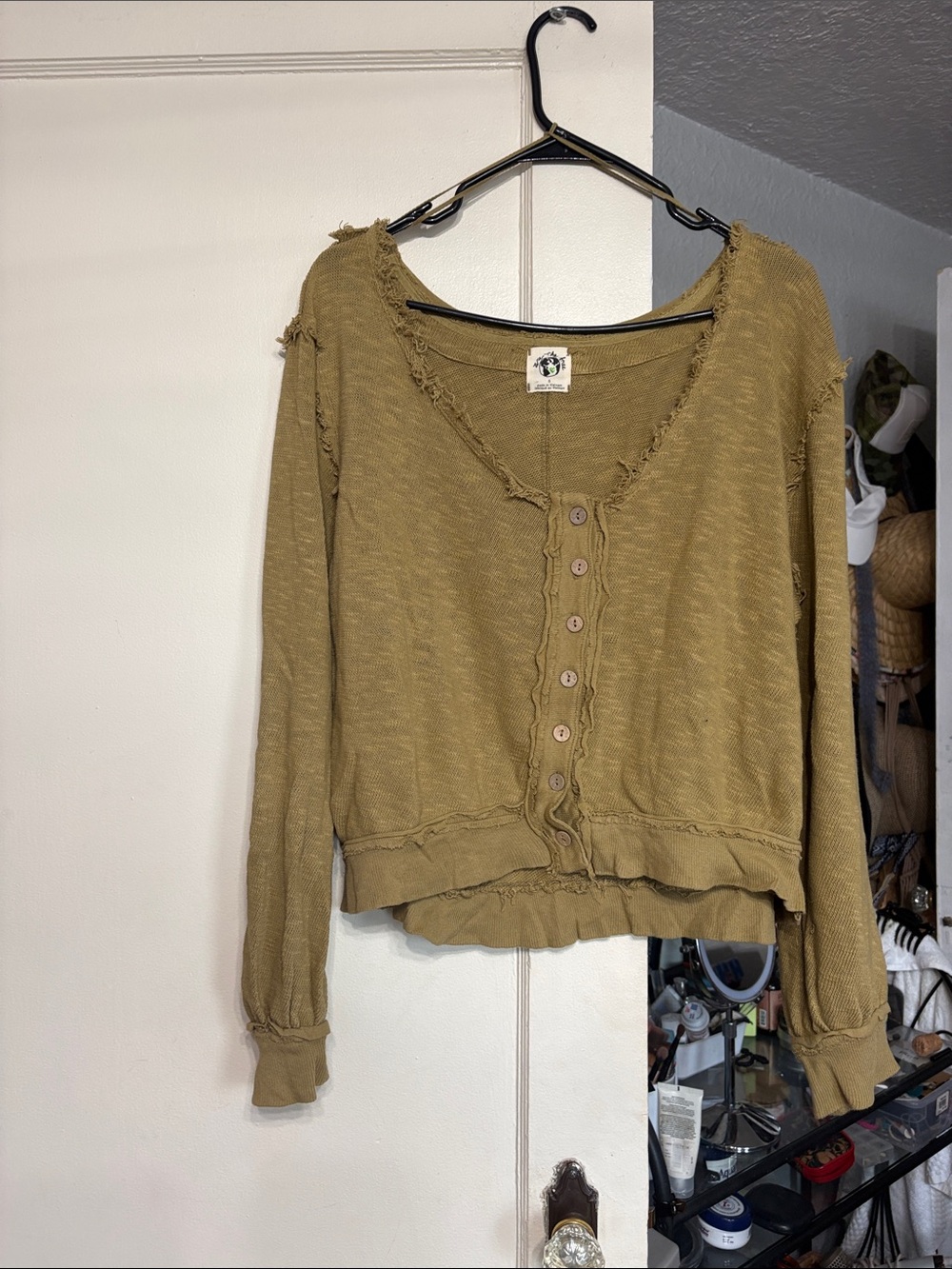 We The Free Olive Green Raw-Edge Button Front Top